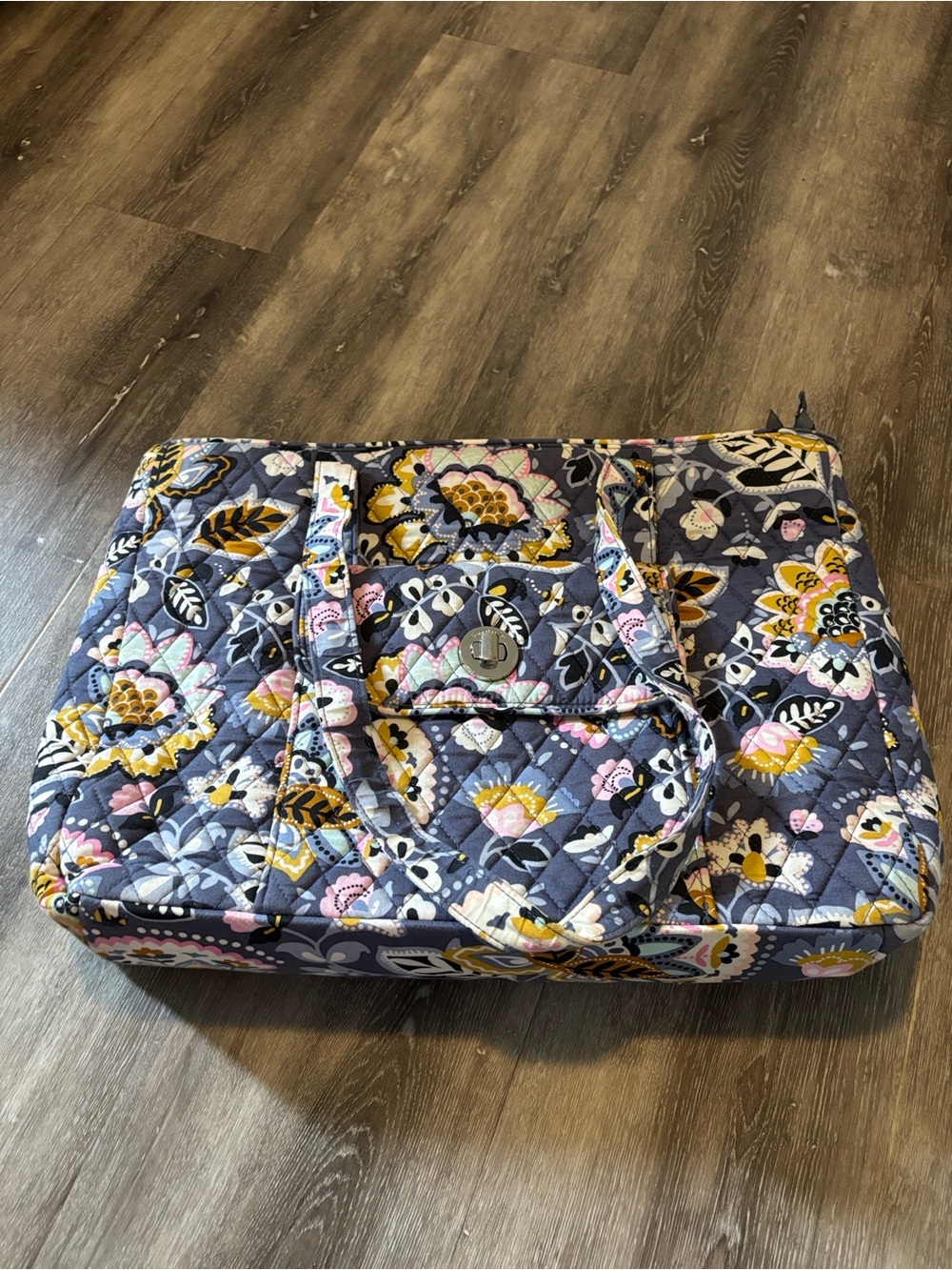 Vera Bradley Quilted Laptop Tote in Gray Floral Print with Pink & Yellow Accents